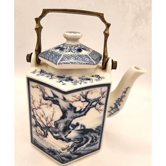 VTG Asian Dolphin China Teapot and Cups Set, Dynasty Blue & White Brass Handle - Picture 11 of 15